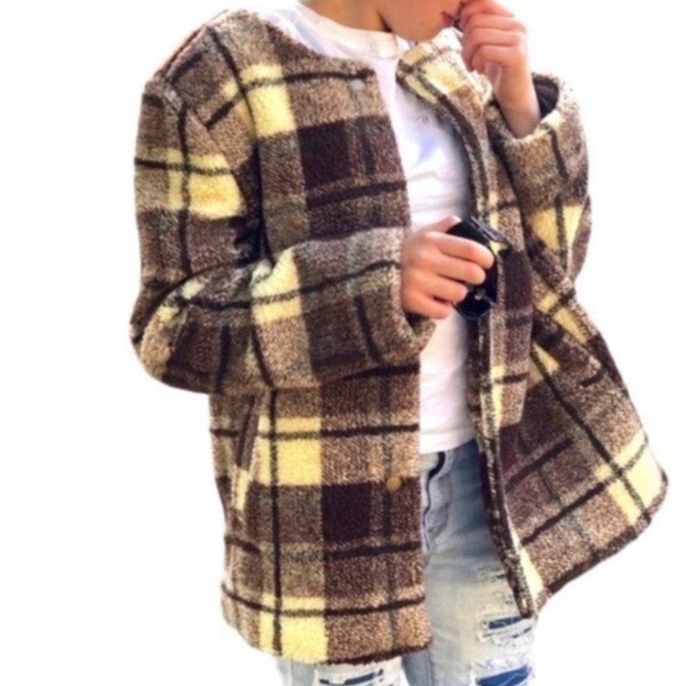 Sanctuary Plaid Snap Button Sherpa Teddy Brown/Cream Jacket S NWOT